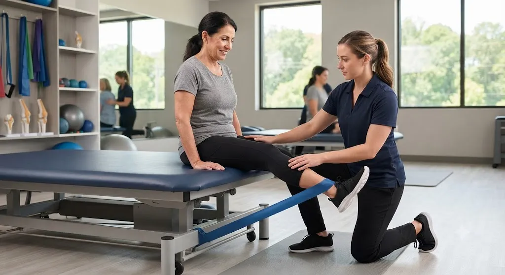 Bệnh nhân thực hiện các bài tập vật lý trị liệu phục hồi chức năng gối cùng chuyên gia