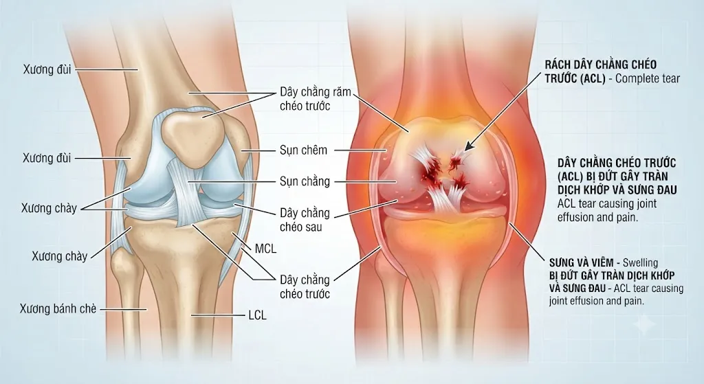 Dấu hiệu nhận biết rách dây chằng chéo trước