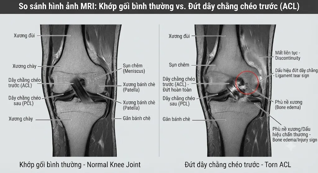 Hình ảnh MRI đứt dây chằng chéo trước, so sánh bình thường và bất thường
