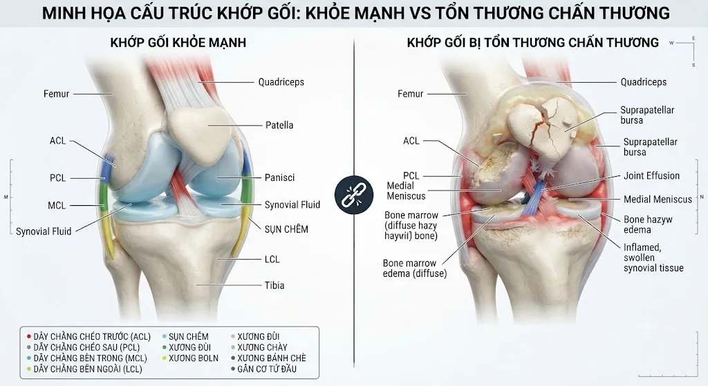 Hình ảnh 3D minh họa cấu trúc khớp gối khỏe mạnh và khớp gối bị tổn thương chấn thương