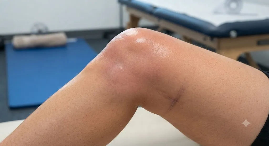 Hình ảnh khớp gối bị sưng đau và biến dạng do trật khớp gối