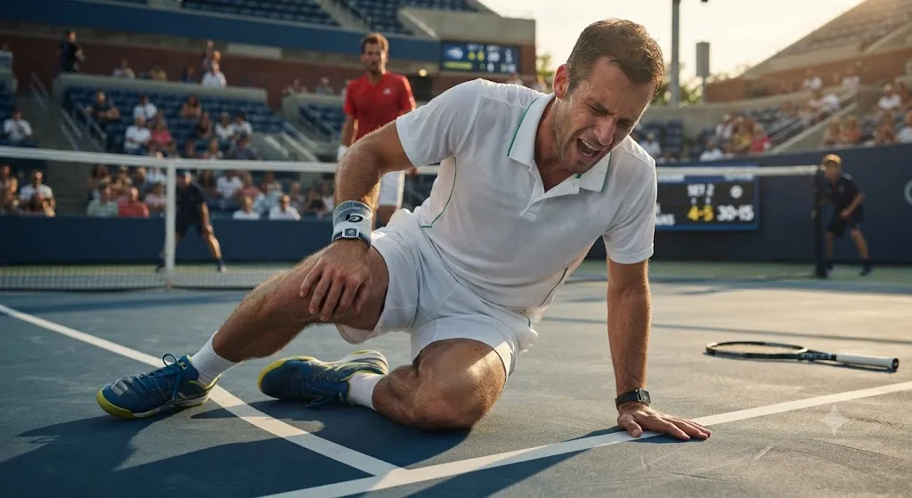  Vận động viên tennis bị đau đầu gối khi đang thi đấu trên sân quần vợt